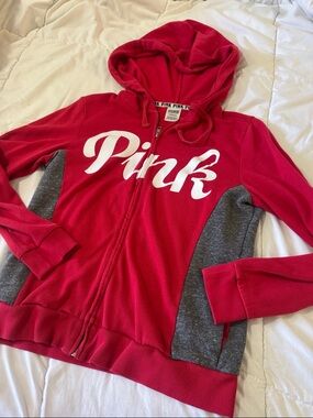 Victoria's Secret PINK Red/Dark Pink Zip Hoodie with White Logo